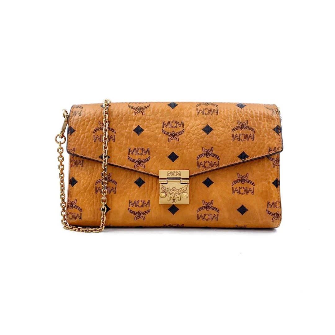 99新 MCM 老花干邑色信封链条包中号
