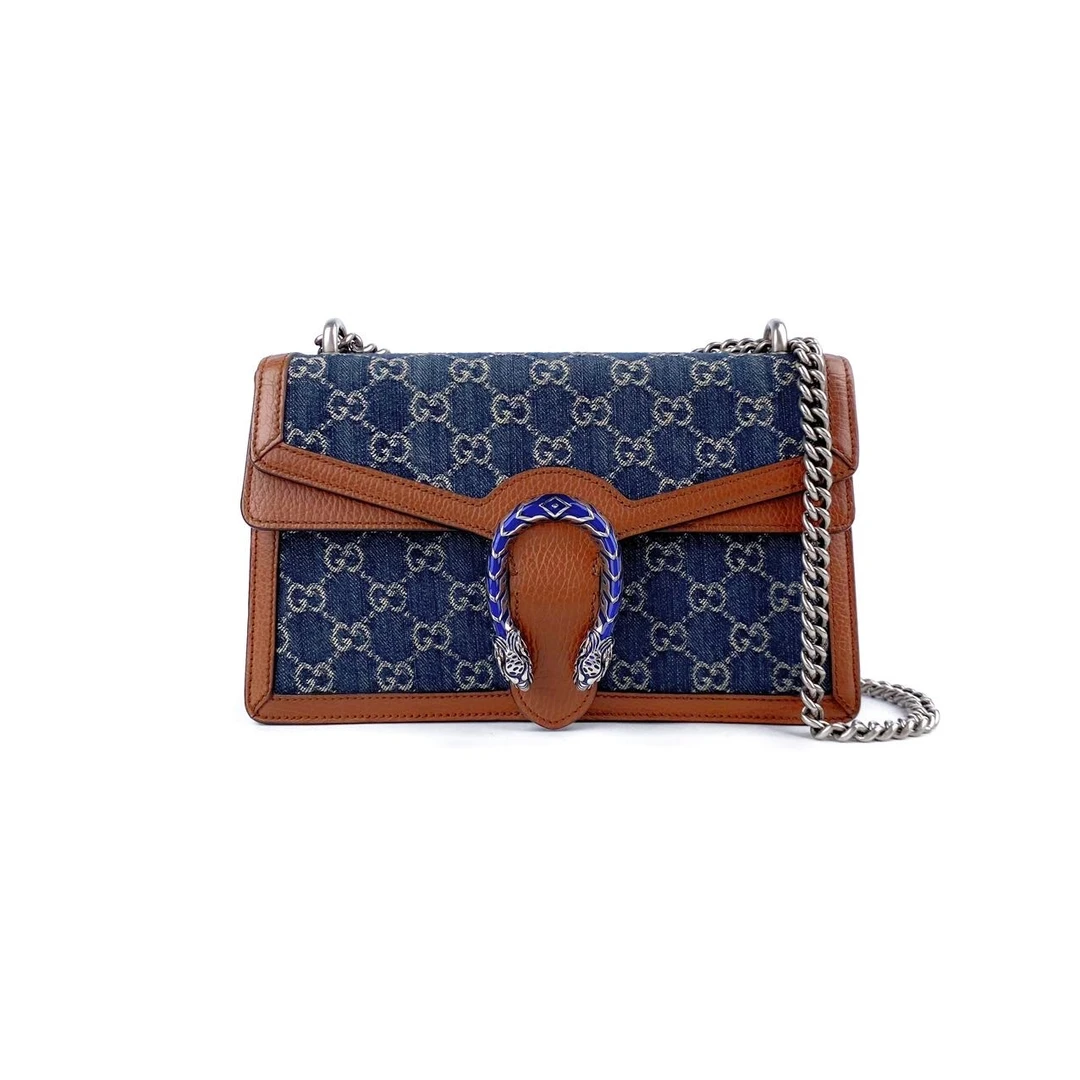 99新 GUCCI/古驰 蓝色丹宁老花Dionysus珐琅彩酒神链条包中号