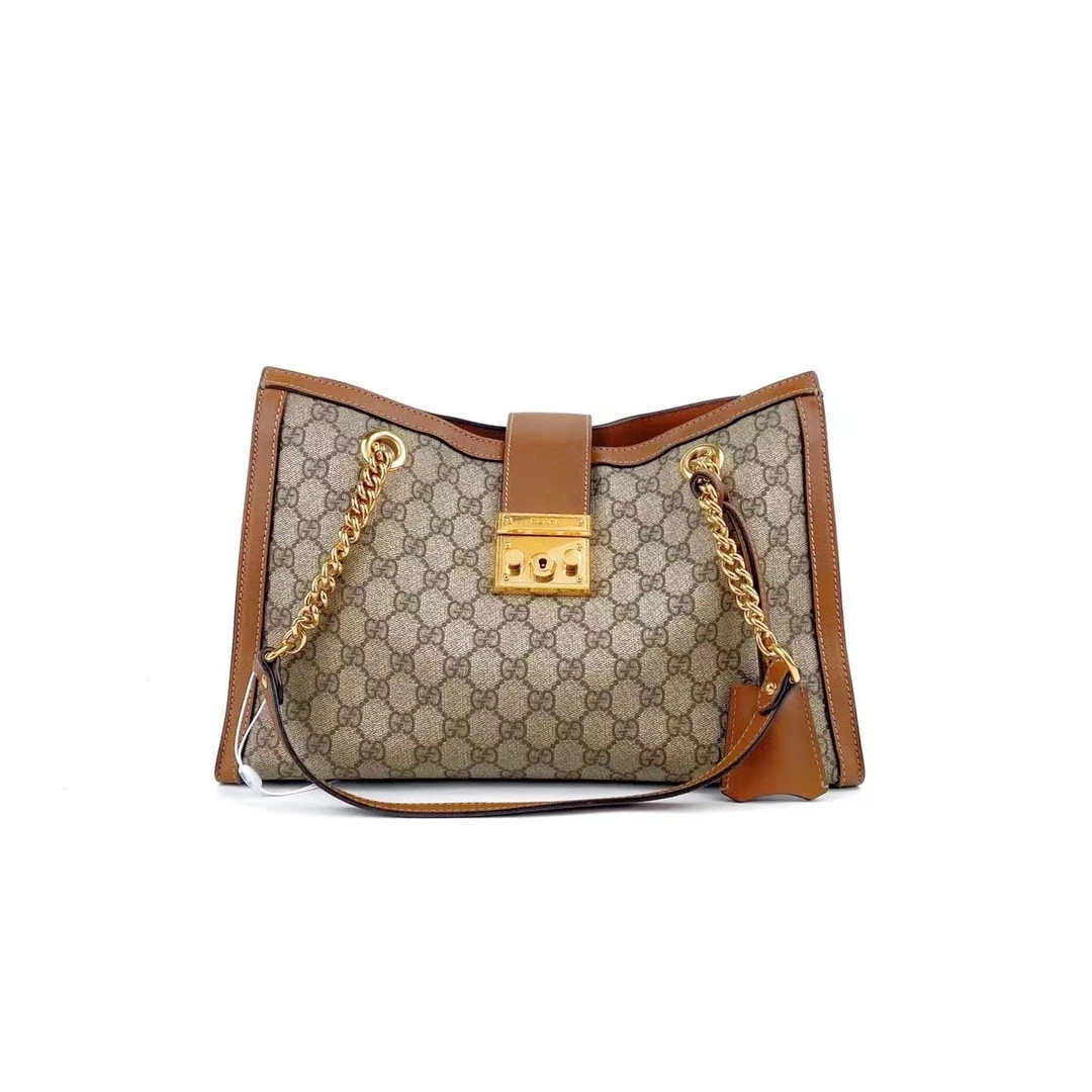 99新 GUCCI/古驰 乌木色老花牛皮 padlock Toto 链条包 中号