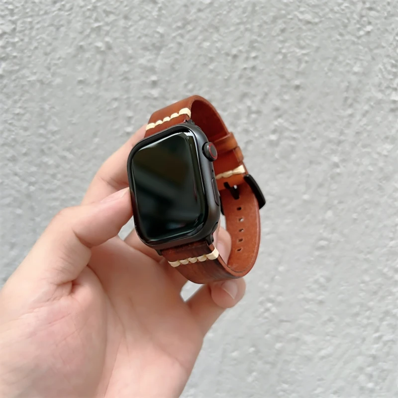 适用iwatchs9真皮表带s8植油皮针扣腕带苹果手表se/Ultra皮质表带