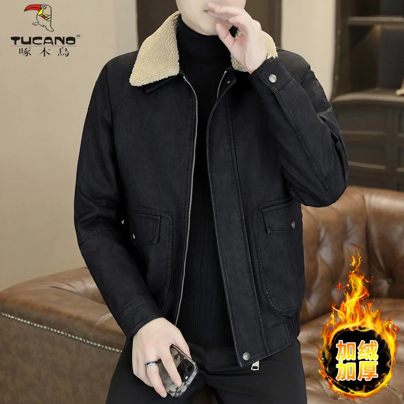 啄木鸟男士男装男款加绒加厚皮衣外套修身百搭时尚夹克皮衣8603