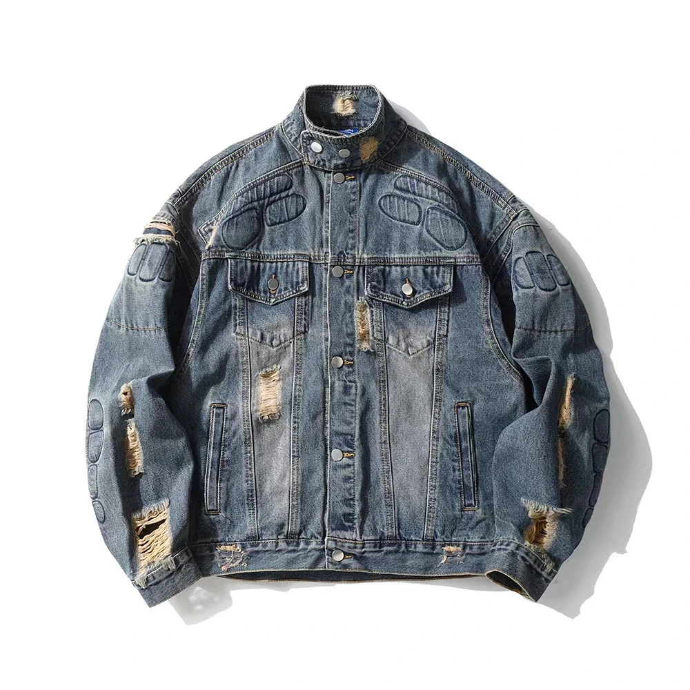 black UN2破洞牛仔外套深蓝色短款立领水洗夹克