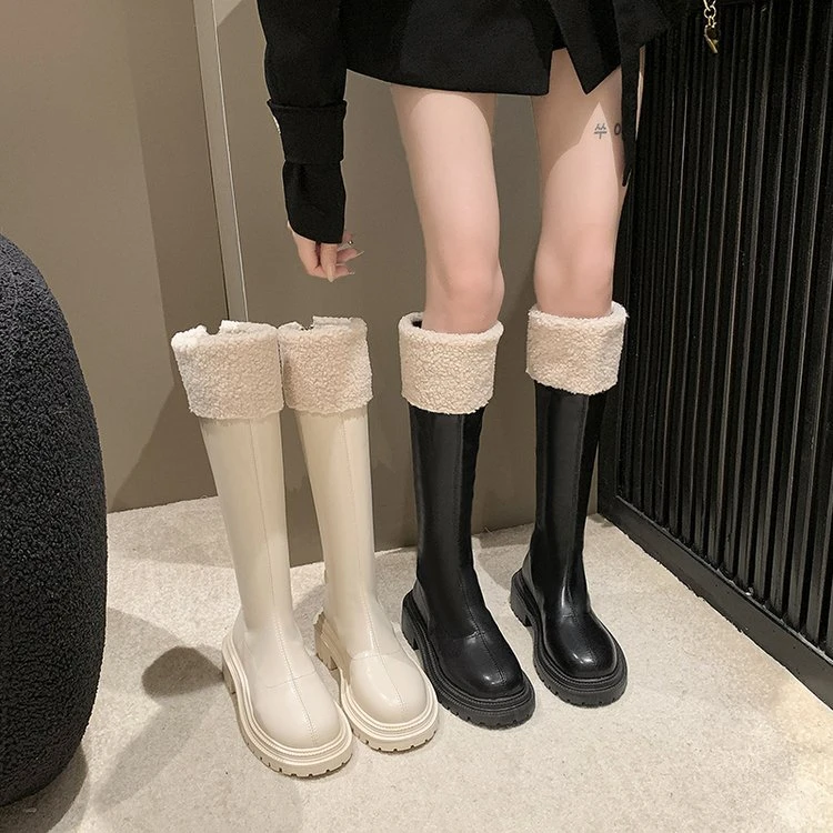 法式长筒靴2024冬季新款时尚厚底骑士靴粗跟加绒保暖不过膝长靴