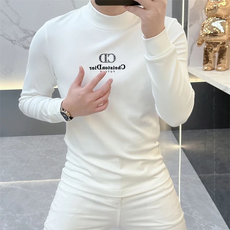 冰希高端.轻奢欧货男士中领打底衫时尚印花修身加绒2024秋冬新款