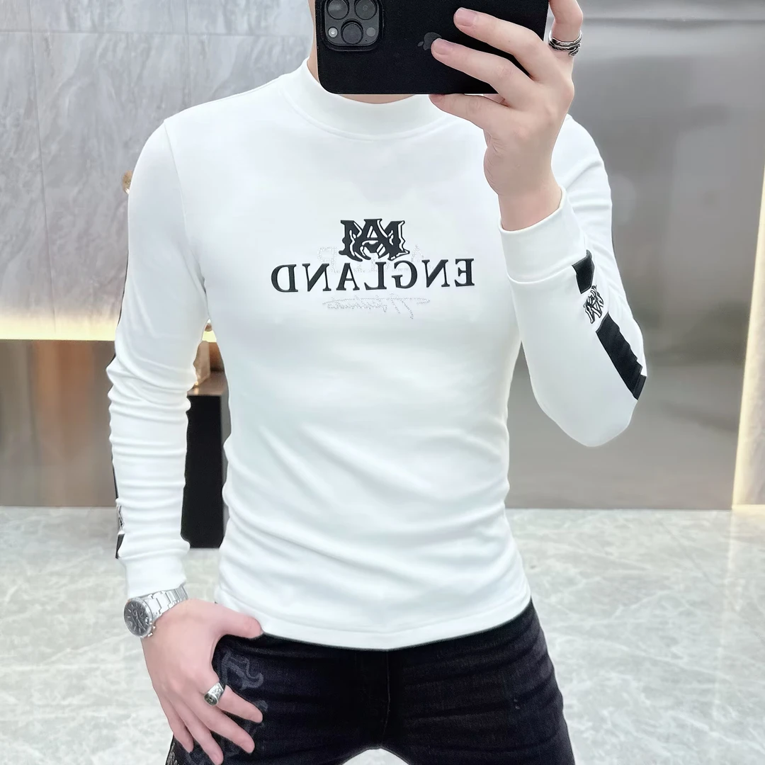 冰希高端.欧货潮牌男士中领T恤时尚加绒打底衫织带2023秋冬新款