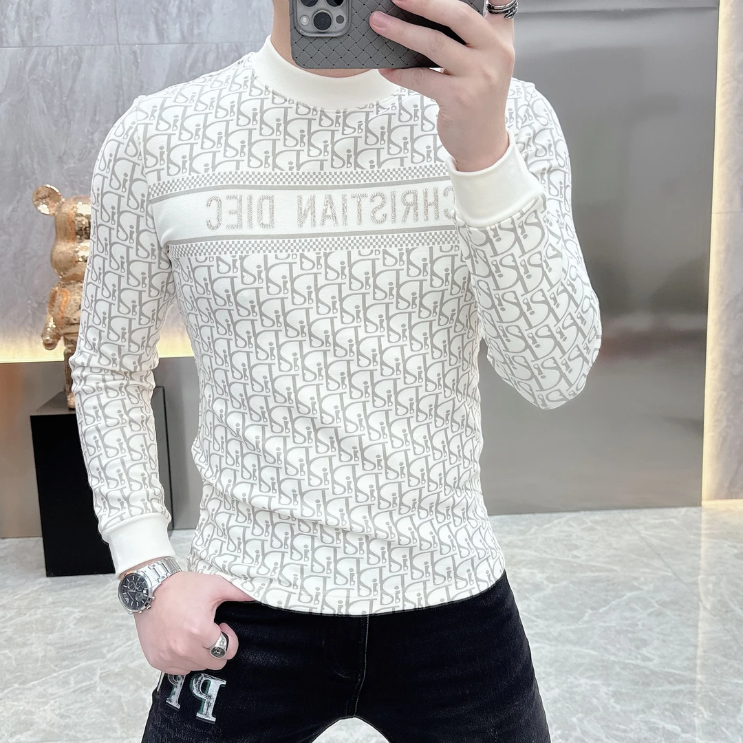 冰希潮牌.轻奢高端男士圆领打底衫时尚休闲百搭满花2023秋冬新款