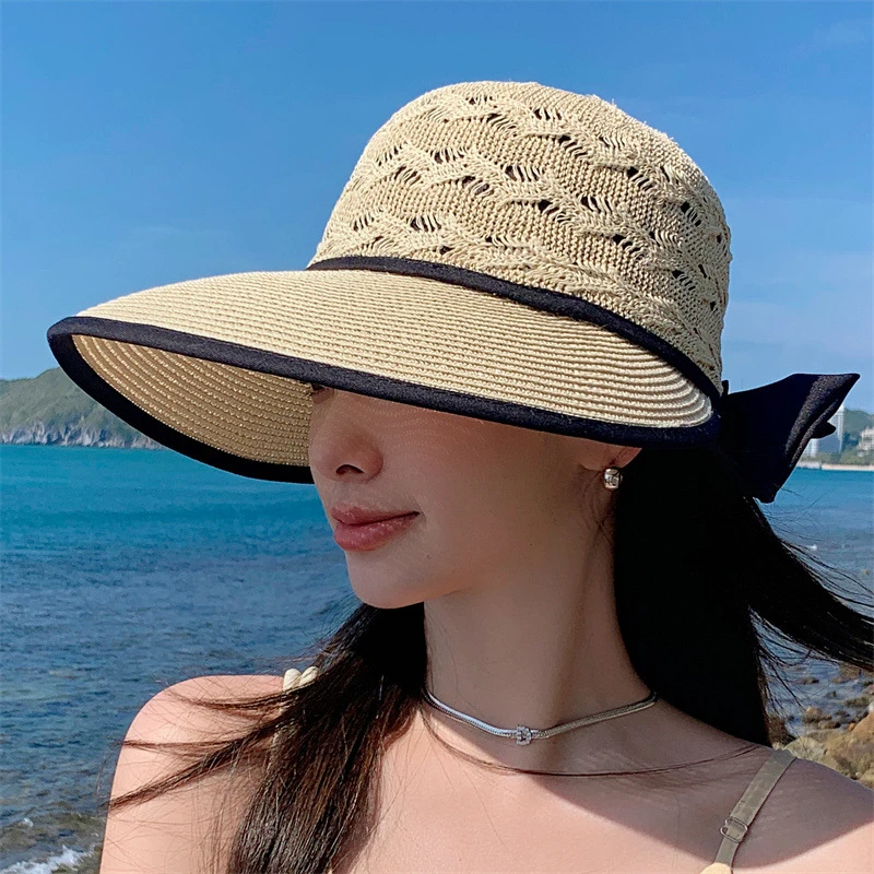 时尚韩版草帽镂空透气遮阳帽蝴蝶结可折叠防晒帽女简约太阳帽
