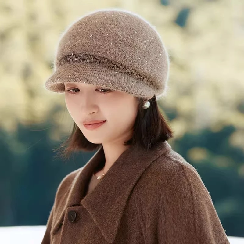 女士秋冬新款毛线鸭舌帽时尚妈妈盆帽加绒保暖防风针织帽中老年款