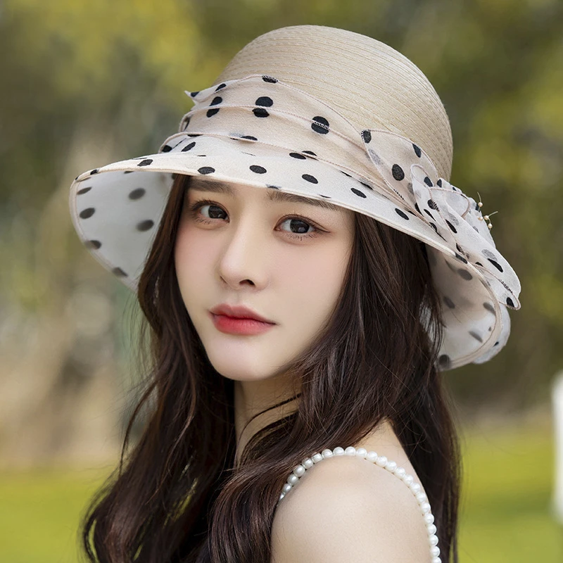春夏季帽子女时尚百搭防晒透气遮阳帽花朵波点盆帽优雅渔夫帽遮脸