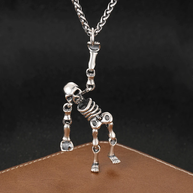 吊坠925银 欧美暗黑风骷髅人吊坠男 嘻哈潮酷骨架挂件万圣节配饰
