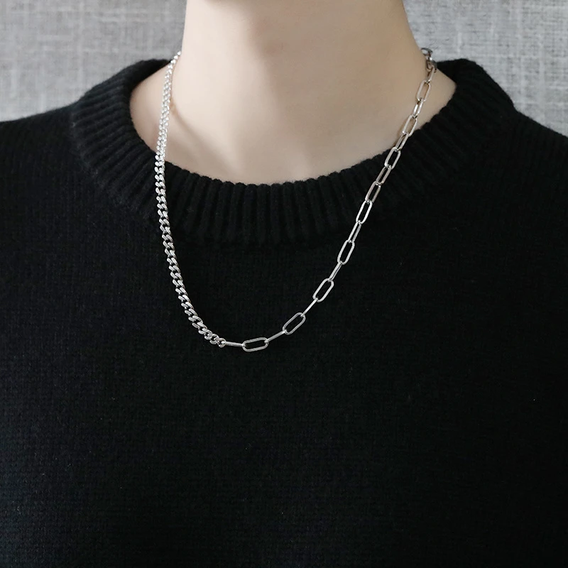 坠链均925银 纯银项链男士潮流百搭古巴链条OT扣小众编织毛衣链女