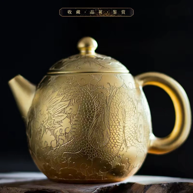 周鸿杰 鎏金茶壶手工中式浮雕龙凤龙蛋壶茶具复古风客厅功夫茶壶