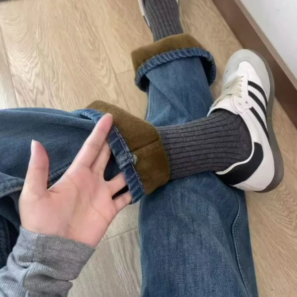 秋冬新款加绒加厚宽松直筒牛仔裤女美式复古蓝高腰显瘦窄版阔腿裤