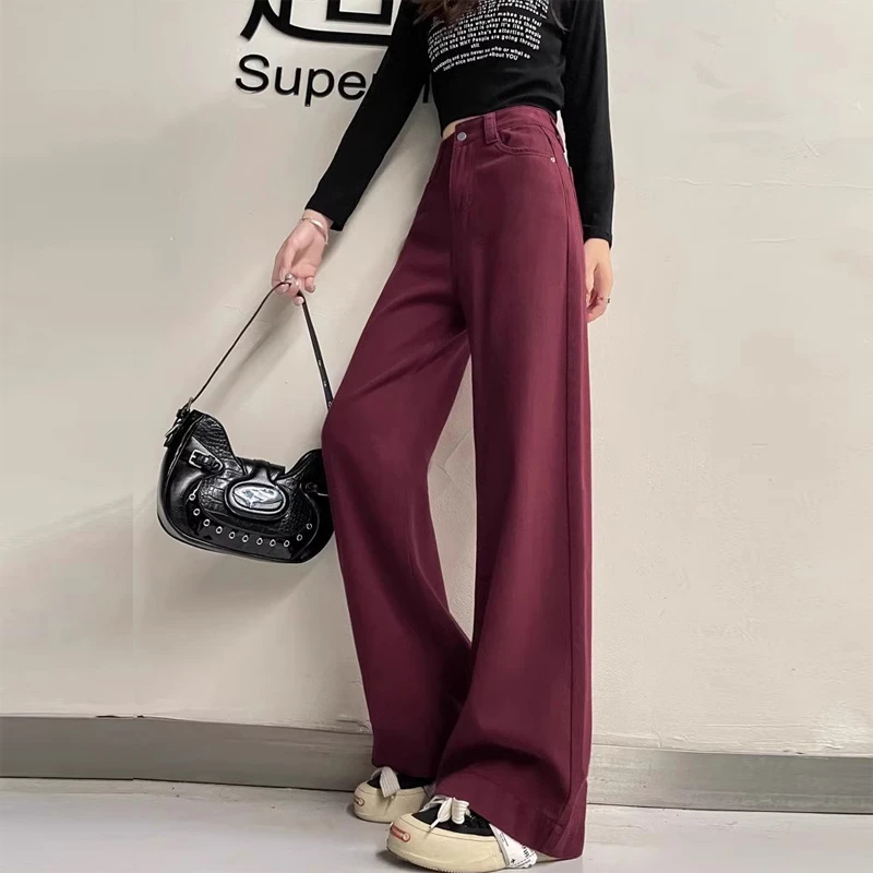 安可拉红阔腿牛仔裤女春秋新款高腰宽松显瘦洋气拖地大码直筒裤子