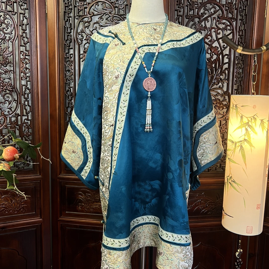 悦溶庄｜玉润花蓝 宋锦 重磅香云纱 新中式斜襟上衣太太服牛首龙纹