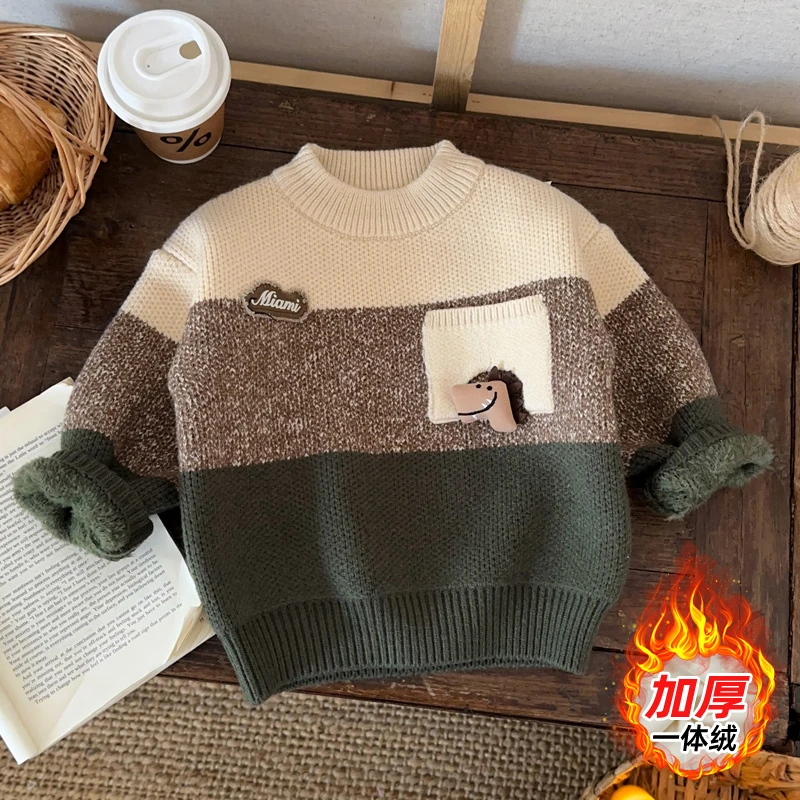 男童毛衣加厚一体绒小童儿童宝宝加绒针织衫秋冬款打底衫内搭线衣