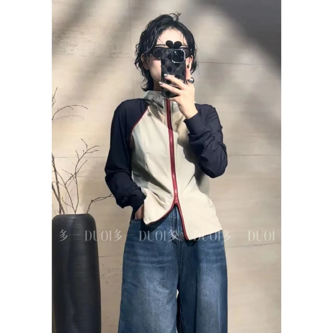 多一"轻氧"2024早秋复古立领撞色连帽插肩袖简约长袖外套