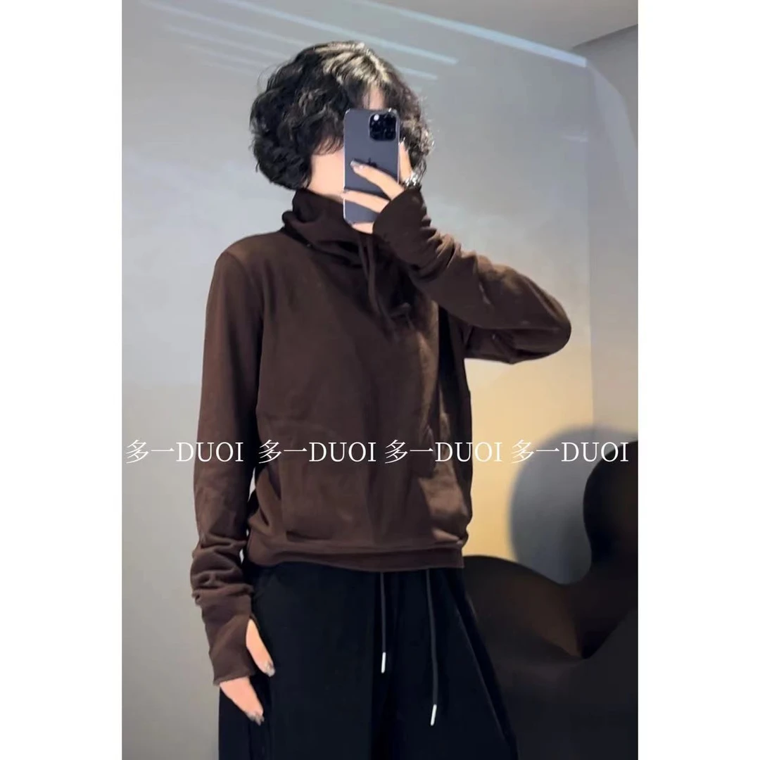 多一“温哥华”2024冬季小众抽绳高领设计款弹力显瘦德绒打底衫