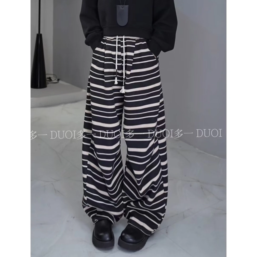 多一“心动条纹”2024冬季小众设计松紧腰抽绳百搭条纹加绒阔腿裤