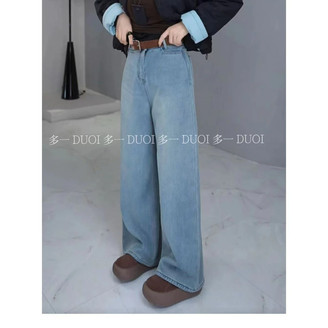 多一“蓝曲调”2024冬季休闲复古简约内里薄绒阔腿裤配腰带