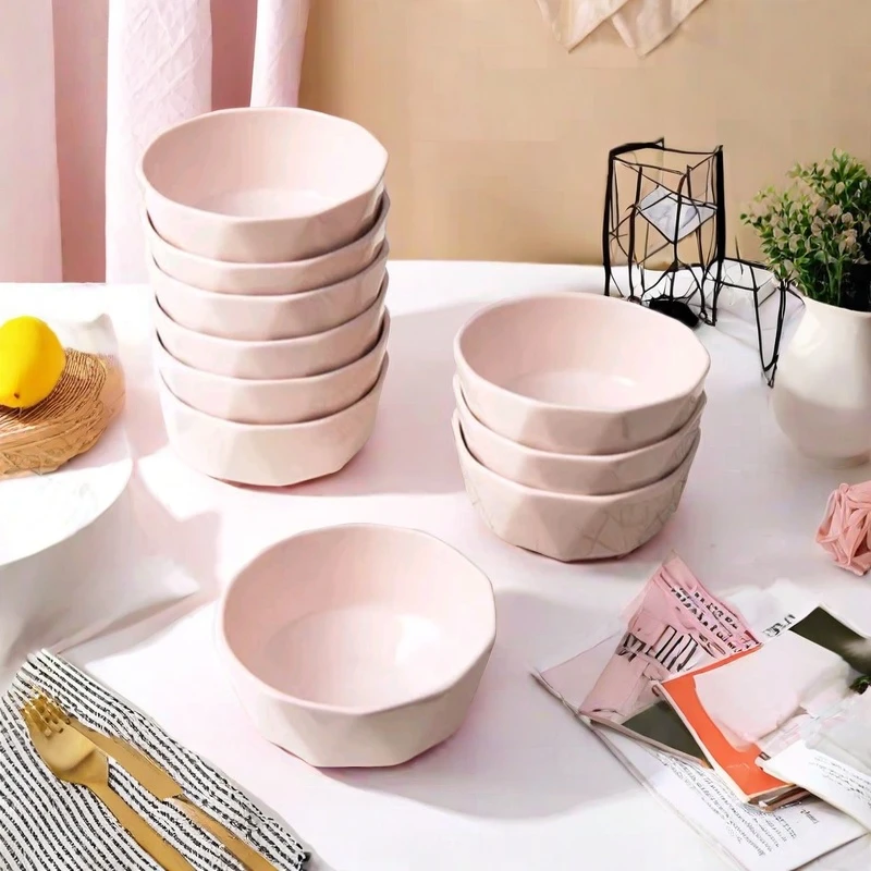 6英寸轻奢粉色菱形钻石碗家用陶瓷碗米饭碗吃饭碗防烫碗纯色网红