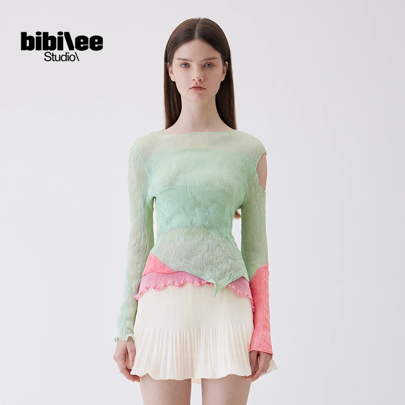 Bibilee Studio 24SS春夏针织辣妹不规则露肩撞色拼接上衣BBL295