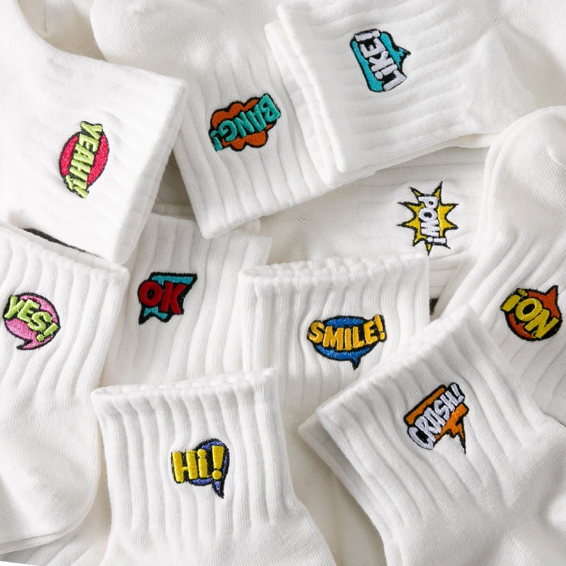 男士中短筒棉袜夏天ins潮运动透气纯棉防臭刺绣百搭诸暨网红卡通