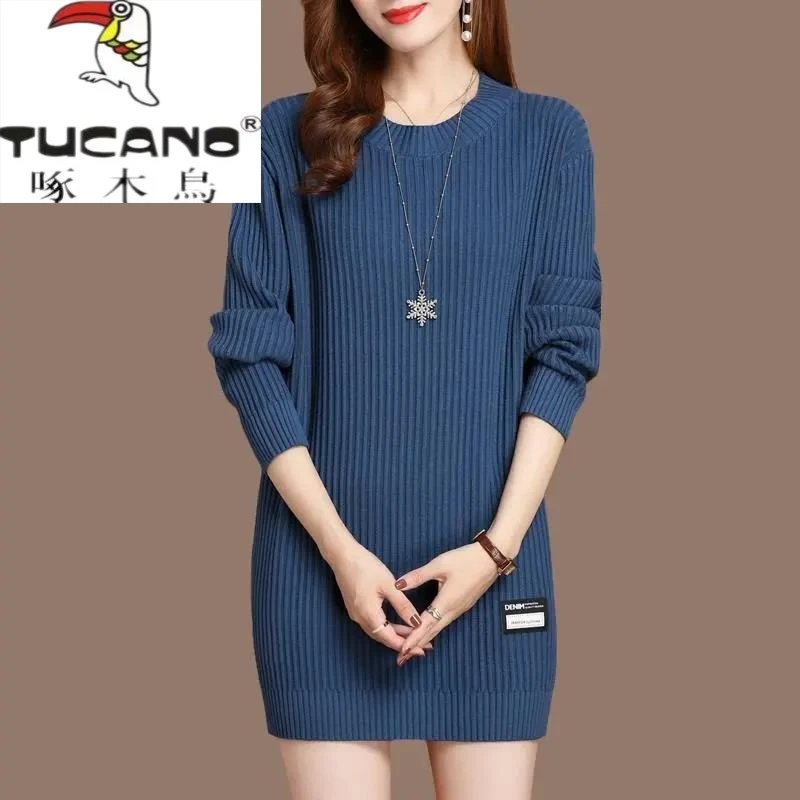 啄木鸟低领毛衣裙春秋宽松大码女装羊毛衫中长款外穿遮肚针织