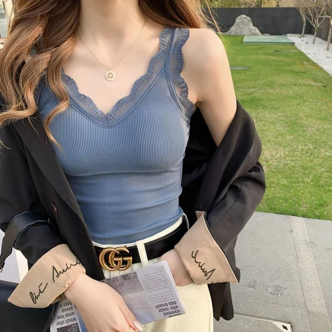 百搭蕾丝V领美背吊带背心女内搭外穿带胸垫薄款夏