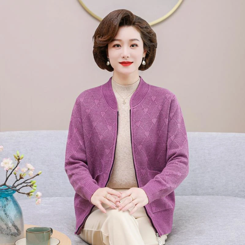 恒源祥集团妈妈秋装毛衣外套新款中老年人秋冬加绒针织衫开衫短款