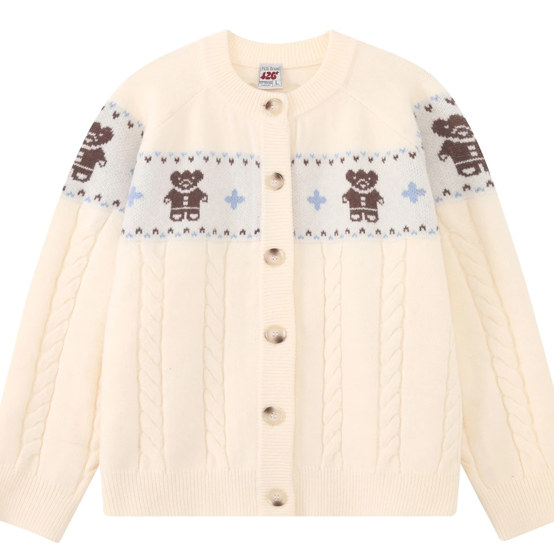 F426小熊提花费尔岛开衫毛衣  6734