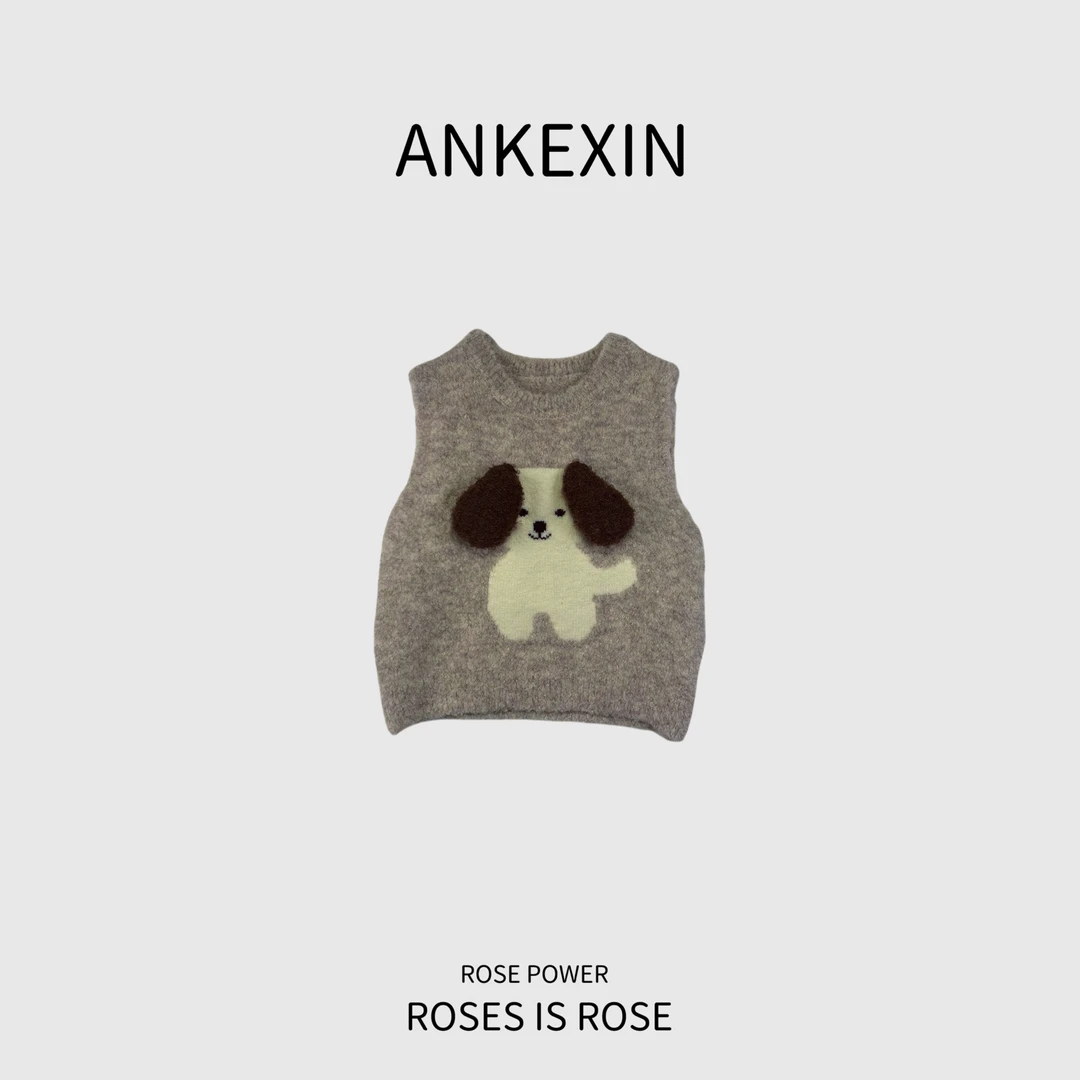 安可馨 秋款女童小狗毛衣米色无袖背心三件套 X069