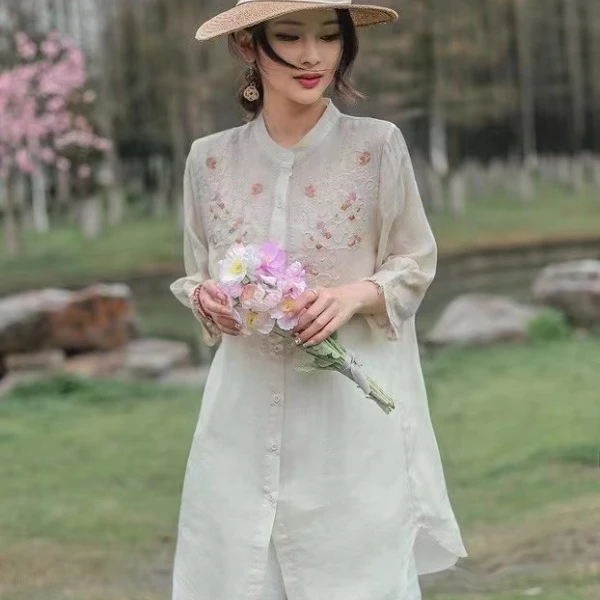 百搭显瘦刺绣苎麻气质宽松文艺显瘦大长衫上衣 JYX 8119