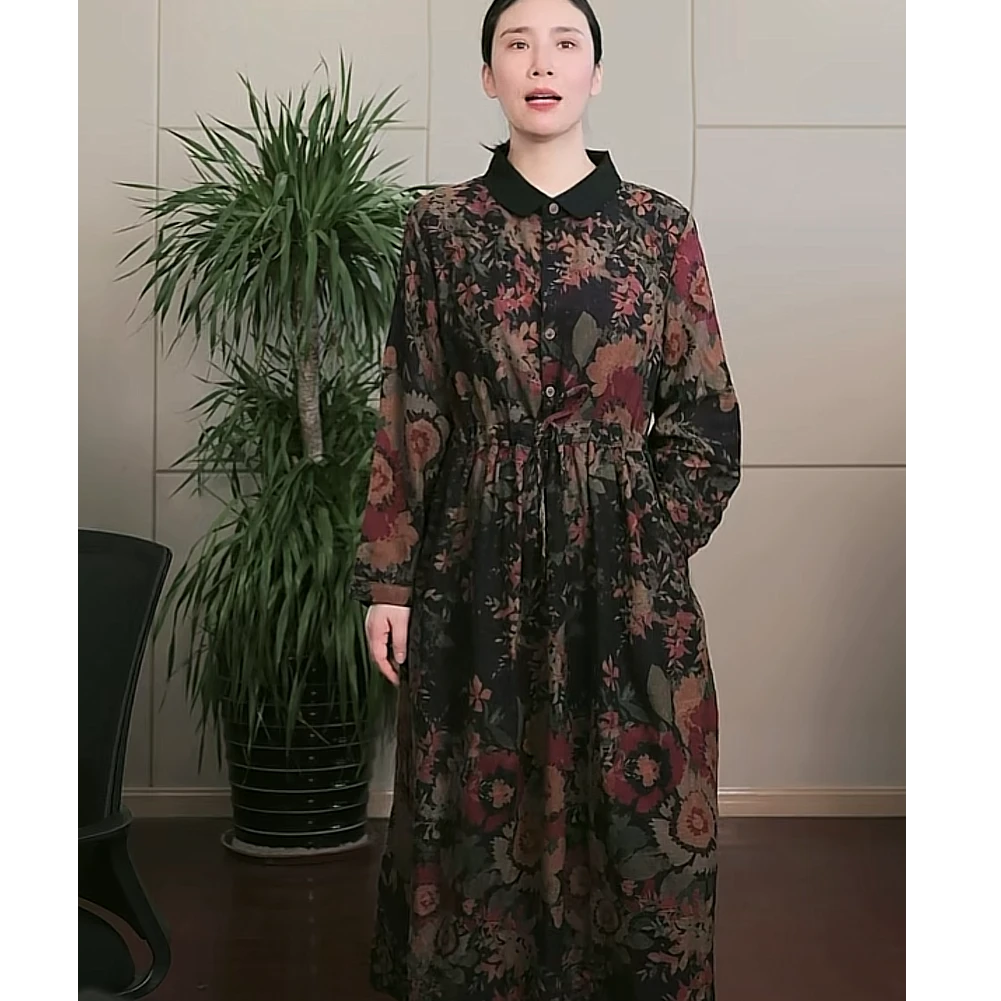 【亚麻棉材质】复古文艺印花秋季长袖方领百搭显瘦连衣裙女XY 8512