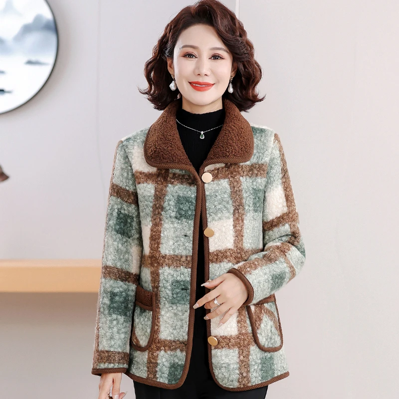 妈妈装秋冬季新款毛呢外套洋气短款大码中老年女装颗粒绒格子大衣