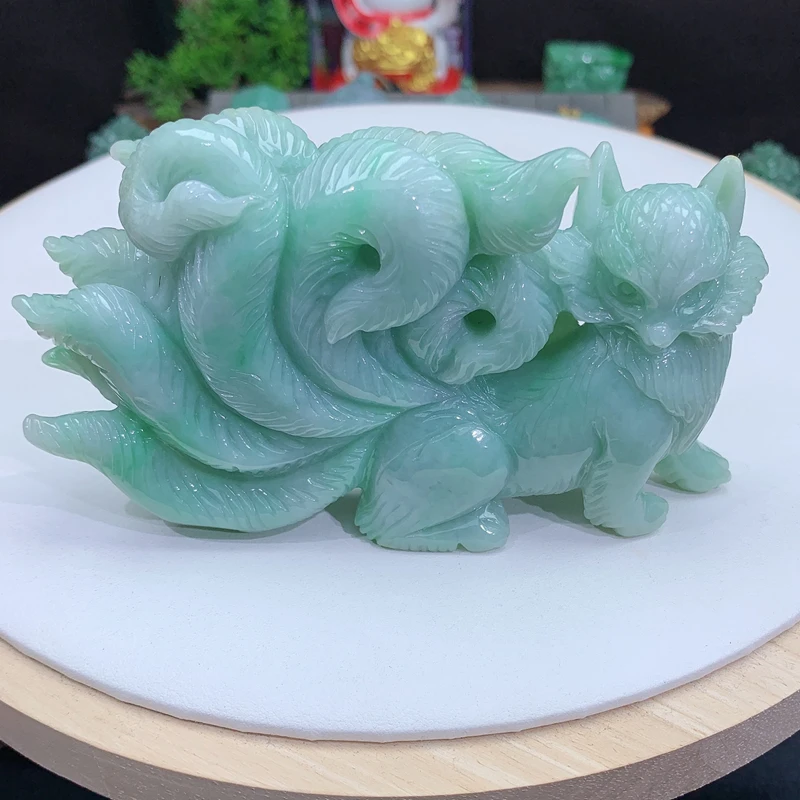 水润 飘绿 精雕 九尾狐 摆件 缅甸天然A货翡翠玉石