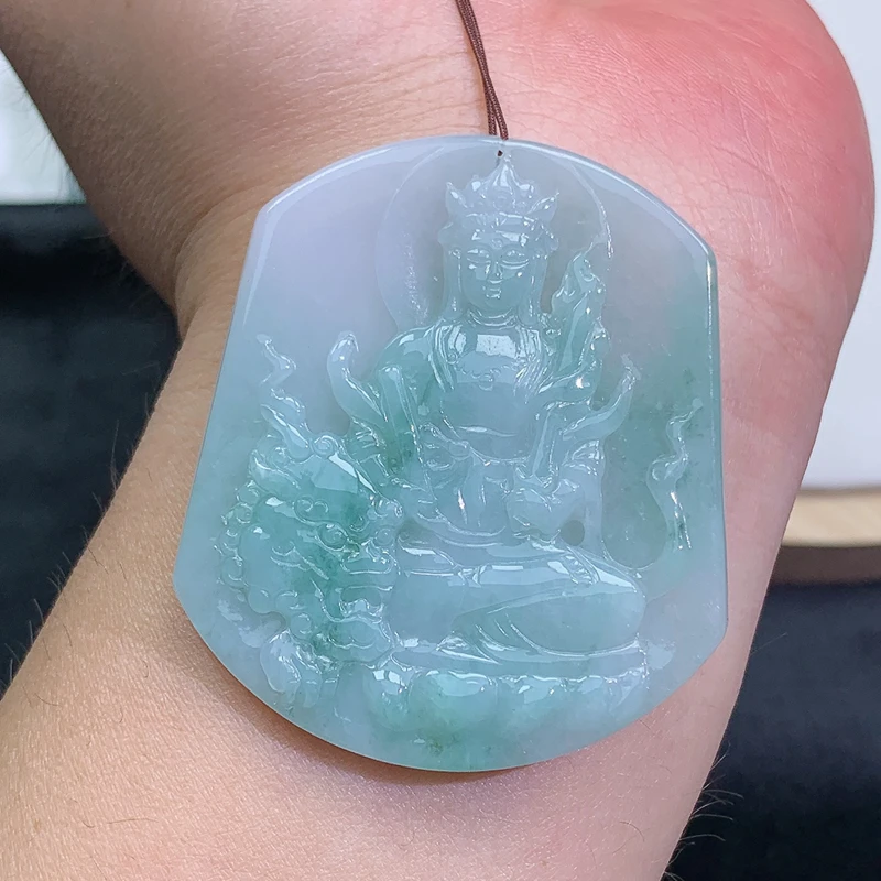 缅甸天然A货翡翠飘绿文殊菩萨吊坠24.05g