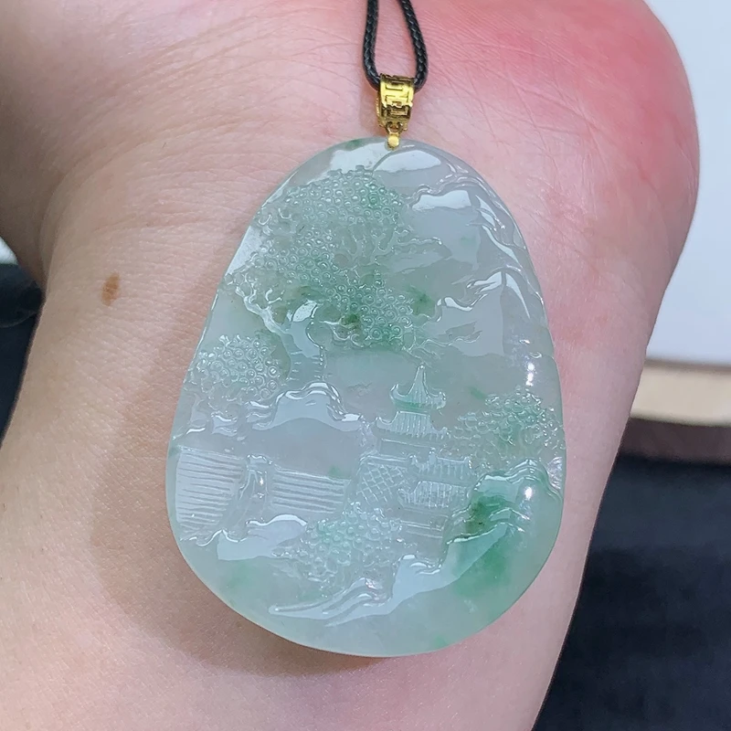 缅甸天然A货18K金扣头翡翠山水牌吊坠 47.3*34.3*4.7mm