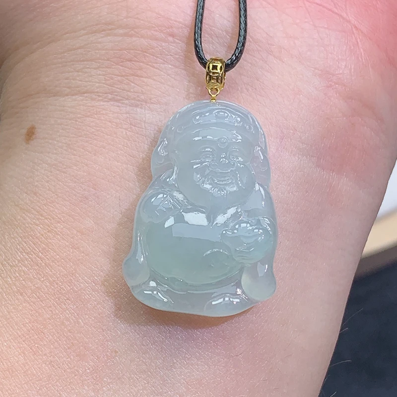 缅甸天然A货18K金扣头翡翠财神吊坠