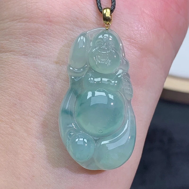 缅甸天然A货18K金扣头翡翠布袋佛公吊坠 40*22*6.1mm