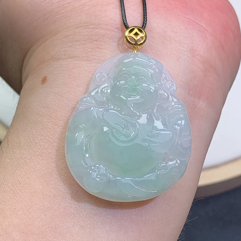 冰润 精雕  18K金扣头财神吊坠 缅甸天然A货翡翠玉石