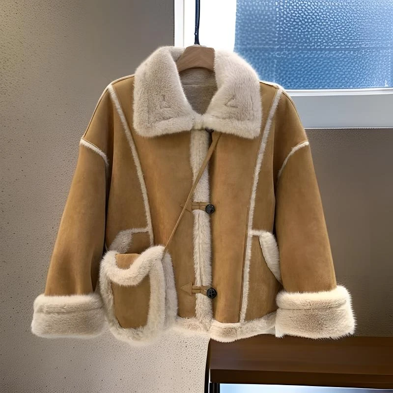 2024冬季短外套百搭韩版小个子麂皮毛一体毛机车外套冬天加绒加厚