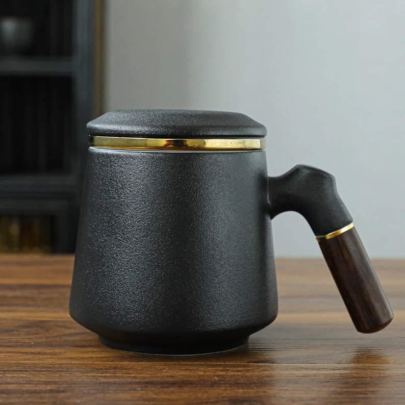 陶瓷杯带盖茶水分离杯过滤泡茶水杯木柄办公杯高档新中式礼品