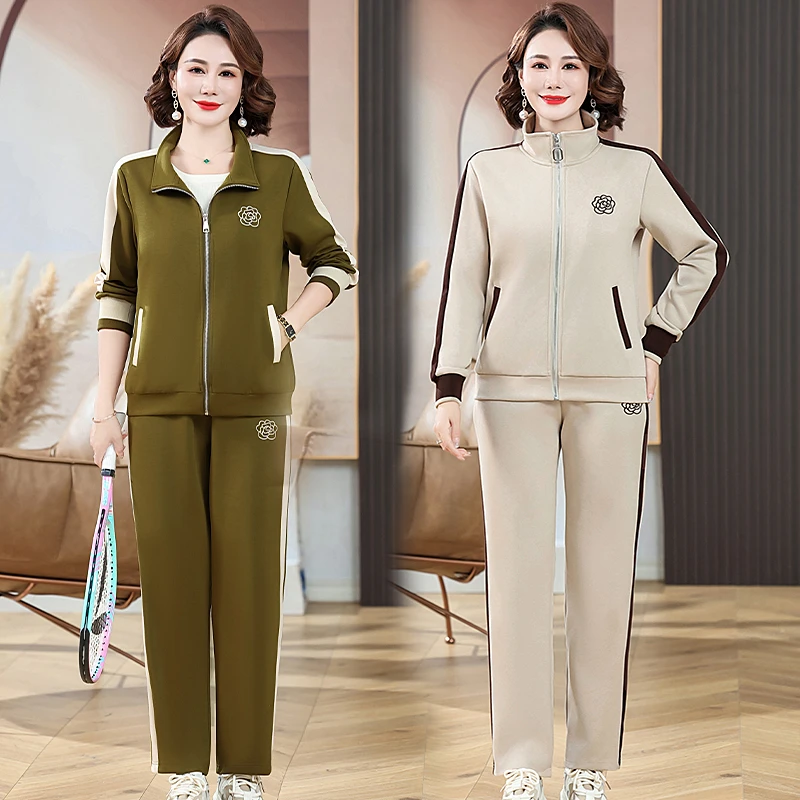 中年女装拉链开衫套装洋气女式外套气质春秋季大码休闲裤子上衣