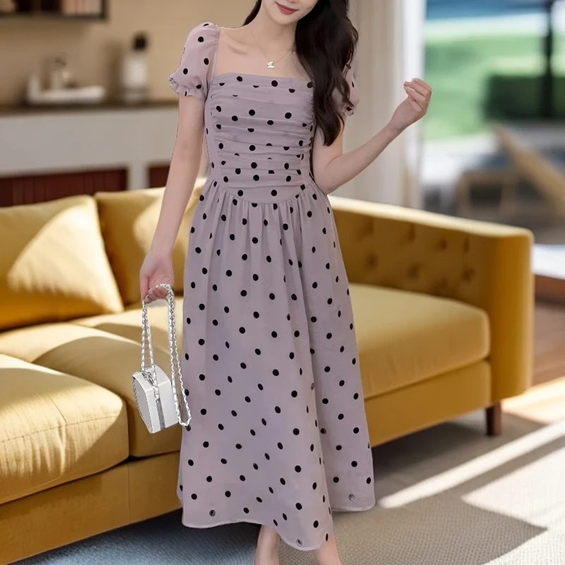 少女感紫色简约波点连衣裙夏新款收腰显瘦短袖A字裙时尚中长裙