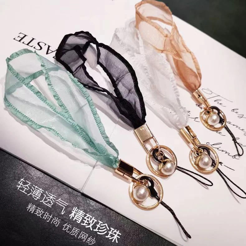 手机挂绳短款珍珠手腕带子网纱丝巾挂件苹果华为手机壳吊链挂饰女