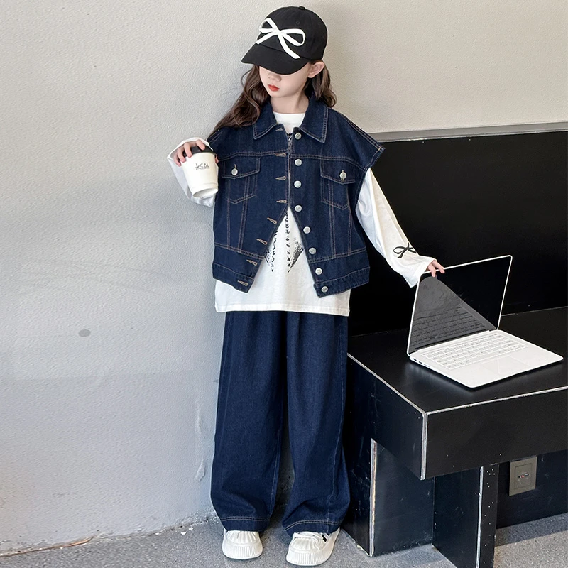 无品牌女童春秋牛仔套装时髦中大儿童设计感马甲高腰阔腿裤两件套