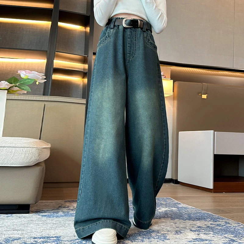 女童春秋牛仔阔腿裤百搭中大儿童牛仔裤高腰水洗软牛仔拖地裤潮童