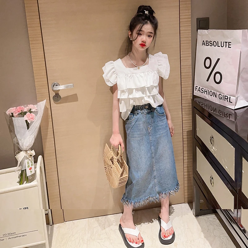 女童夏装小飞袖T恤时髦女孩短袖上衣流苏牛仔裙两件套中大童套装