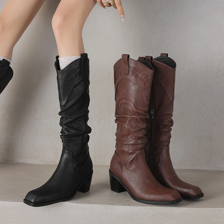 5cm新款方头粗跟胶粘鞋刺绣工艺超有范堆堆靴显瘦四季通用时装靴